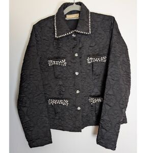 Carrie Allen Black Textured Rhinestone Trim Jacket M Embellished Button Front